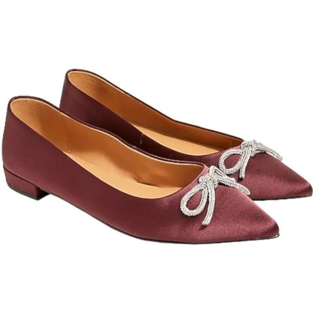 J.Crew Burgundy Satin Flats Silver Metallic Bow Size 8